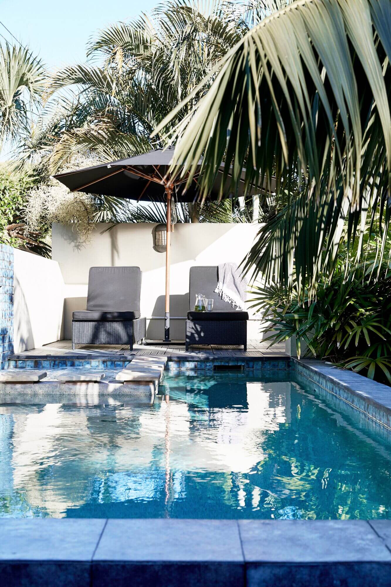 Private mineral pool, spa and sun loungers at The Villas of Byron, Byron Beach Abodes