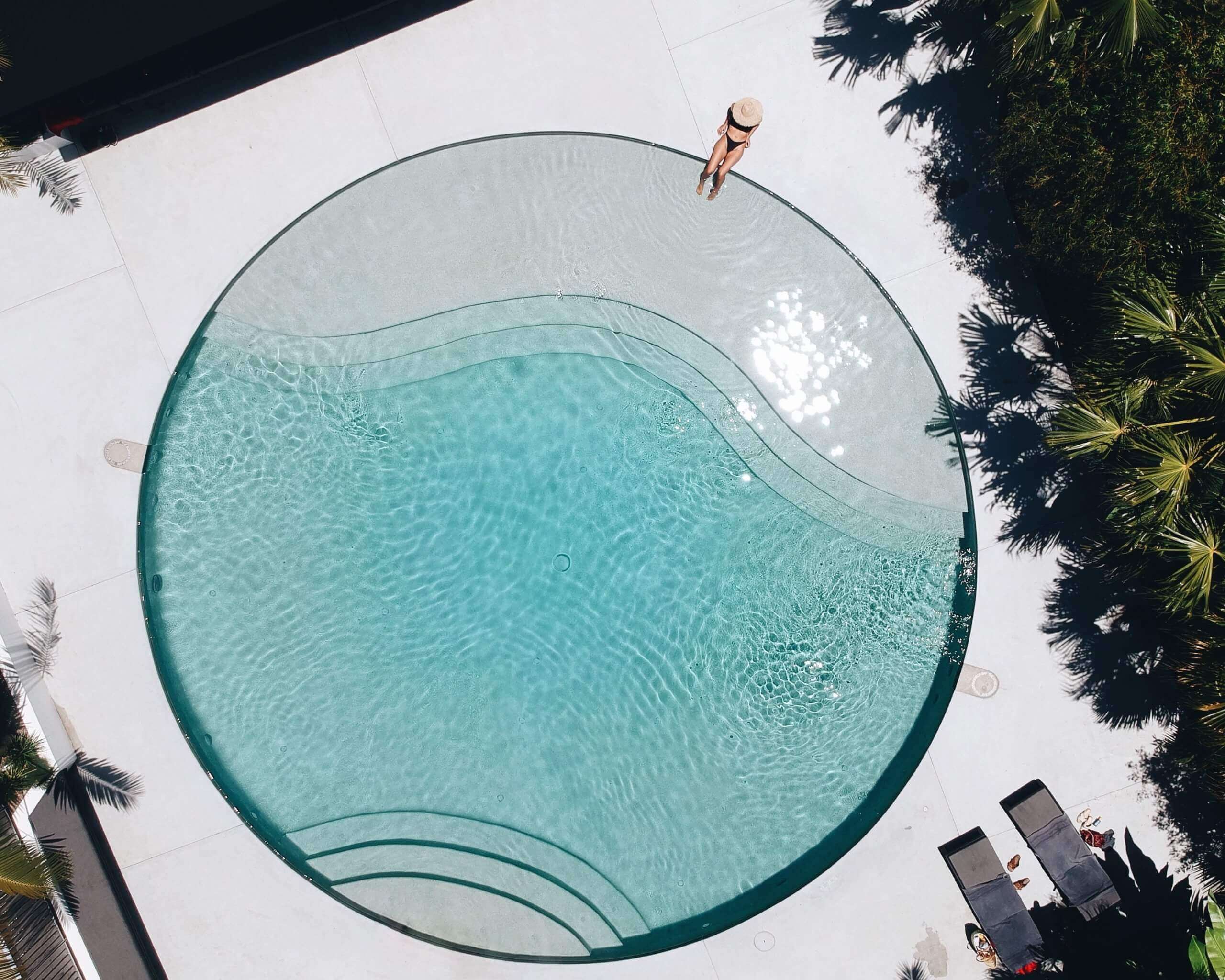 Overhead image of the round mineral pool at The Bower Byron Bay