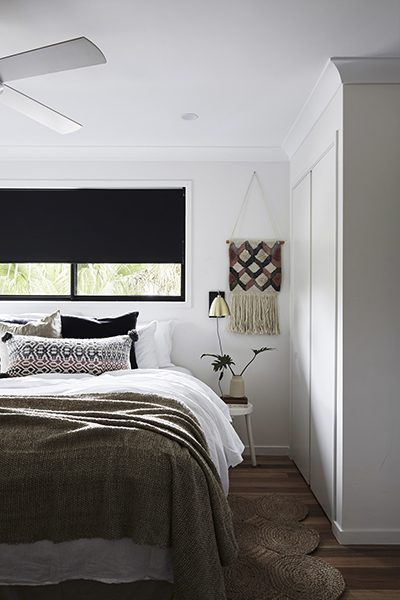 Bedroom with textured furnishings at The Bower House, The Bower Byron Bay