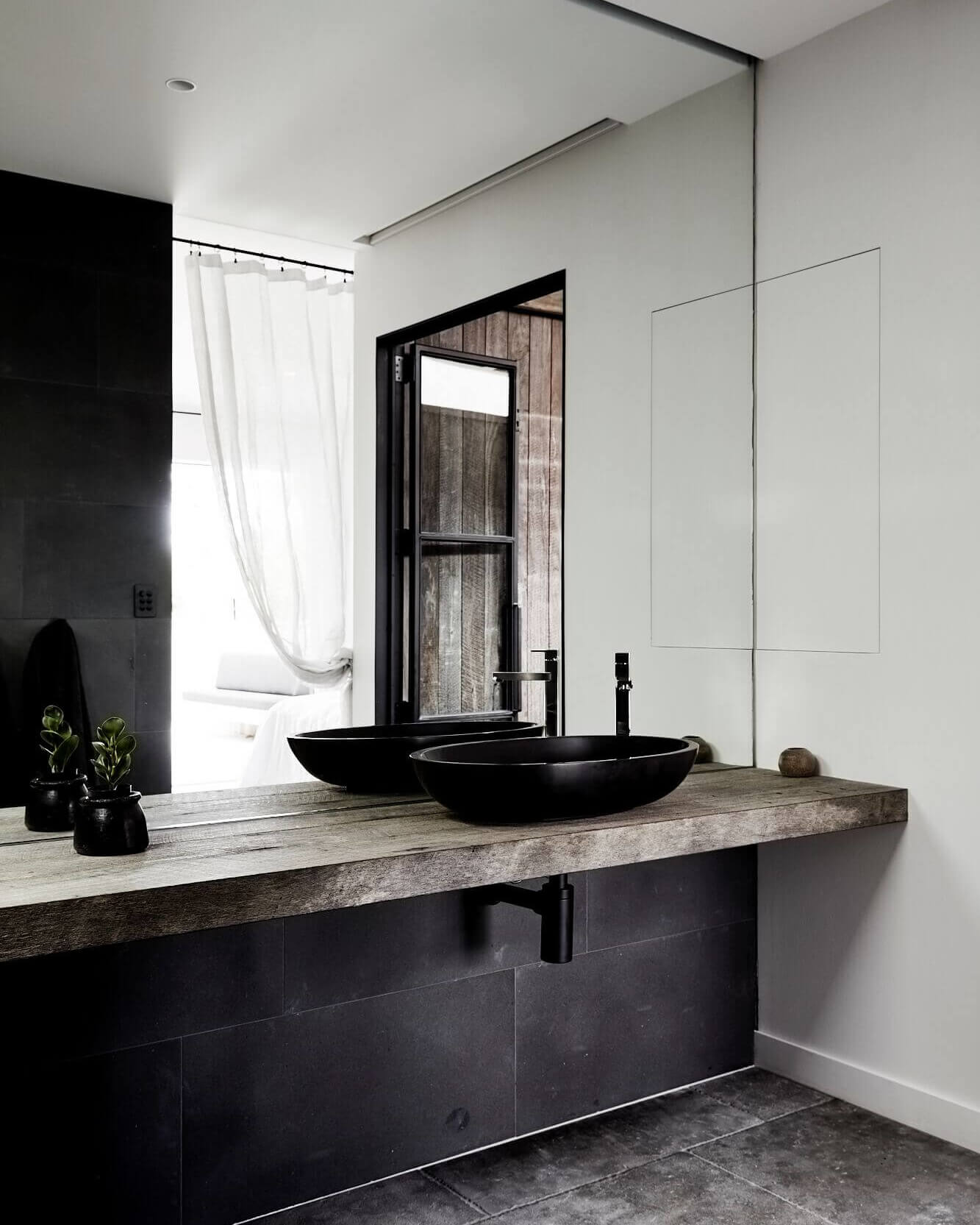 Ensuite The Cabin, Byron Beach Abodes with black vanity bowl and timber vanity