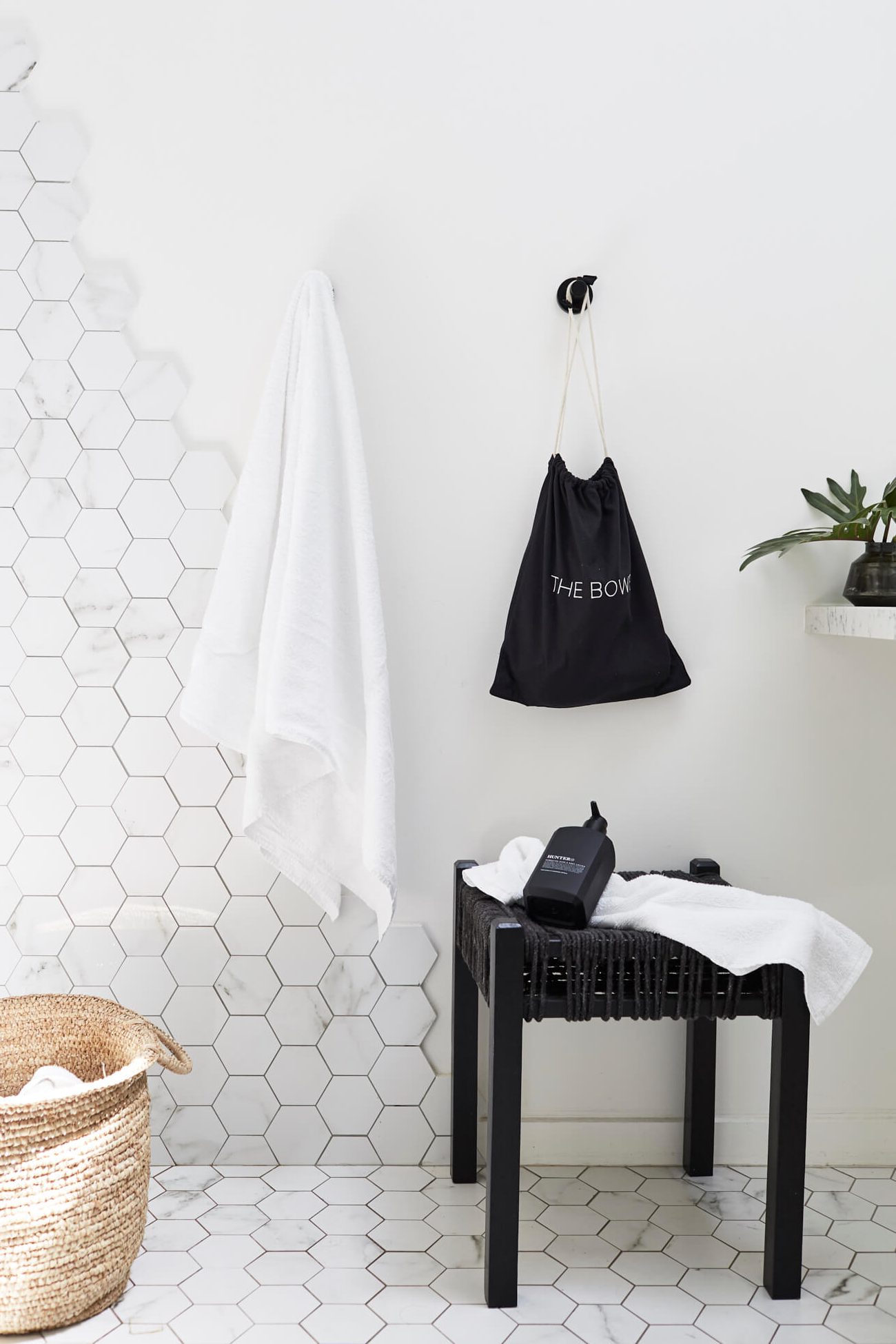 Hexagonal marble feature tiles in the shower of the Bower House, The Bower Byron Bay