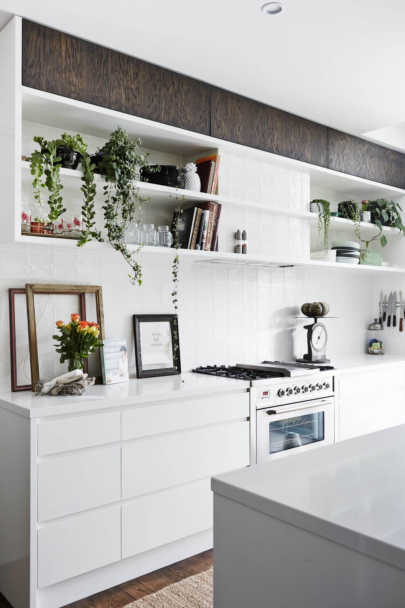 White kitchen with open shelving at Magnolia House, Byron Beach Abodes