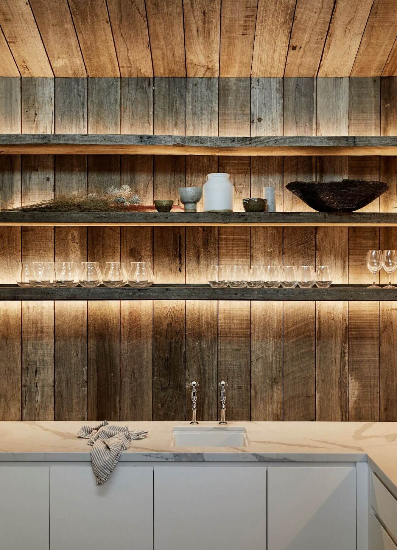 Timber-lined butlers pantry with soft strip lighting at The Lodge, Byron Beach Abodes